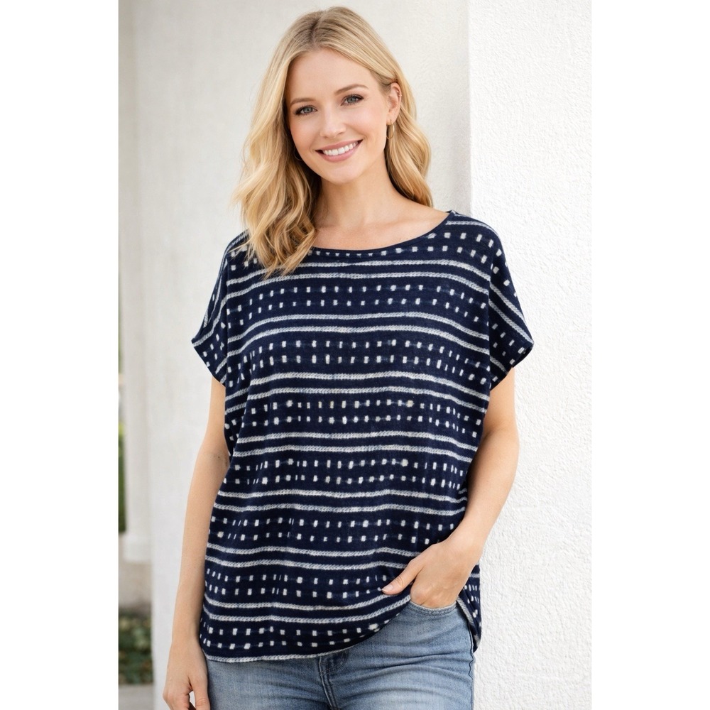 Lauren Ralph Lauren Womens M 100% Linen Top Blue White Short Sleeve Coastal